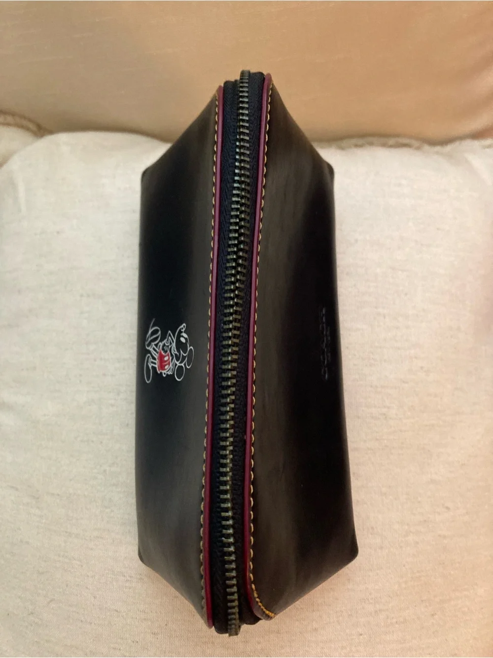 Coach Black Leather Mickey Mouse Cosmetic Pouch with Red Accent
